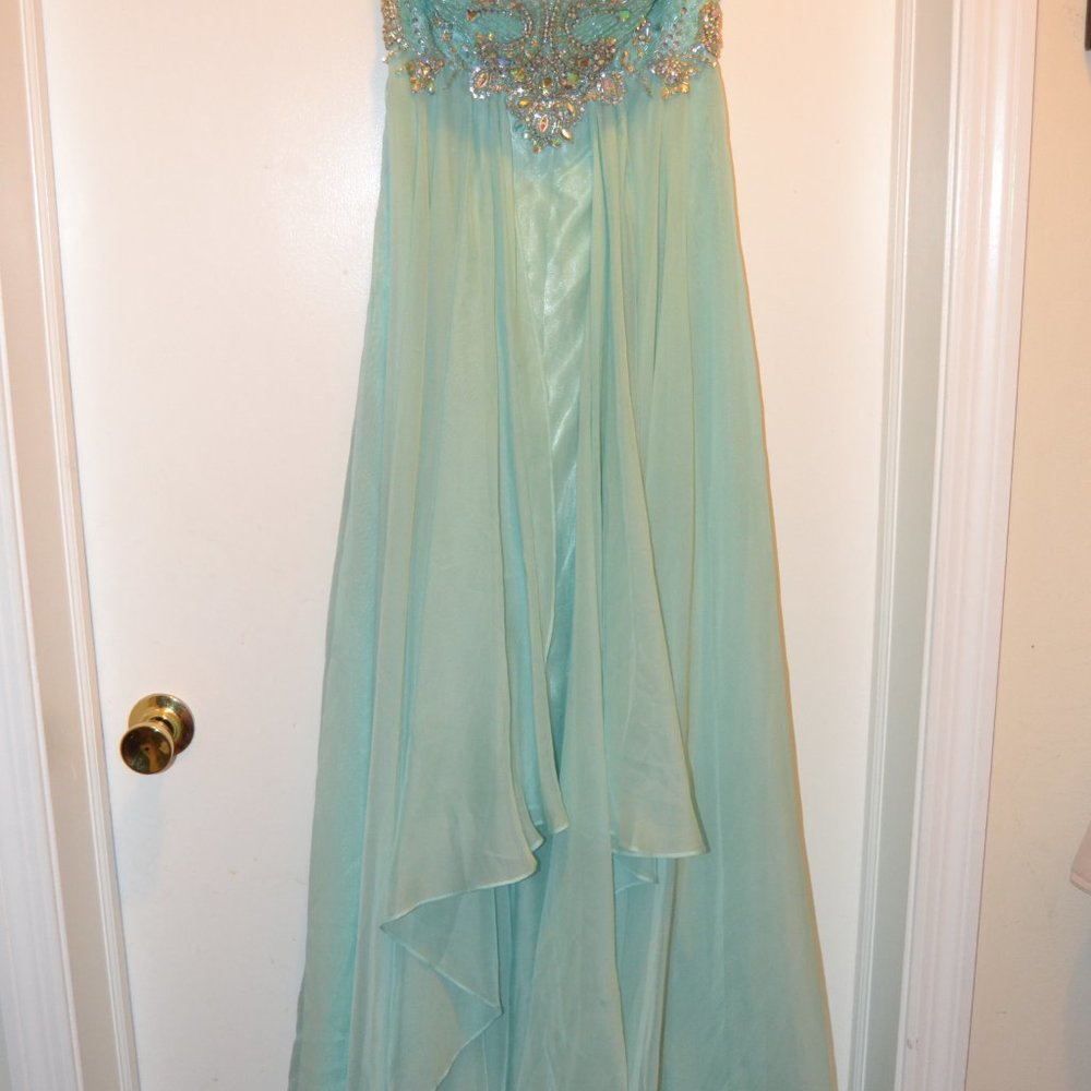 Alyce Paris strapless long teal & rhinestones prom formal dress gown Size 0